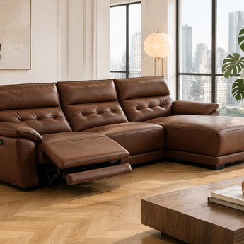🟢 IN STOCK-Russo Electric Modern Minimalist Genuine Leather Cowhide Chaise Corner Functional Modular Recliner Sectional Sofa Bed
