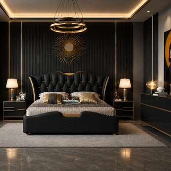 Modern Italian Luxury 4 Piece Majestic Black Leather Upholstery Gas Lifting Bedroom Suite Set with 1.5M Sideboard Buffet Cabinet