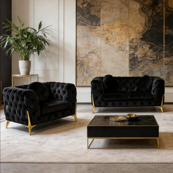🟢 IN STOCK MOROCCO Majestic Black Velvet Sofa Set 2-Seater Loveseat & 1-Seater Single Lounge Chair with Bluetooth Speaker
