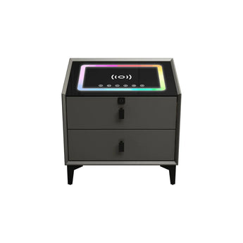 Cognac Leather Smart Side Table Wireless Charger Top with Bluetooth Speaker and Fingerprint Lock Drawer
