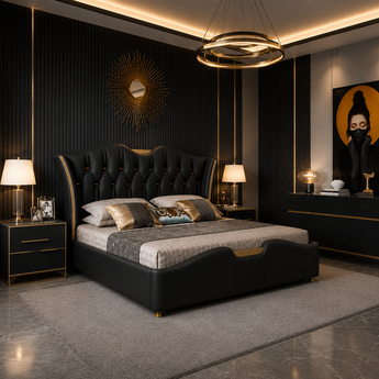 Modern Italian Luxury 4 Piece Majestic Black Leather Upholstery Gas Lifting Bedroom Suite Set with 1.5M Sideboard Buffet Cabinet