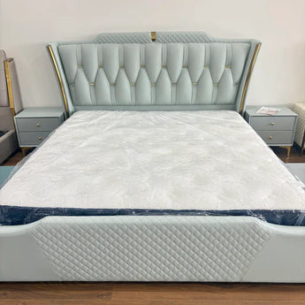 🟢 IN STOCK Modern Italian Luxury Sweet Night Green Mint Leather Upholstery Queen Size Gas Lifting Solid Wood Bedframe