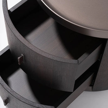 Modern Round Bedside Table with Storage – Dark Wood & Metal Finish