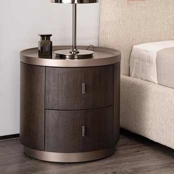 Modern Round Bedside Table with Storage – Dark Wood & Metal Finish