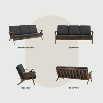 🟢 IN STOCK ASTON SOFA SET Malaysian Solid Oak Wood 6-Seater Fabric Upholstery - Charcoal Grey