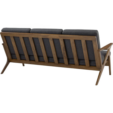 Wooden sofa with dark cushions on a white background