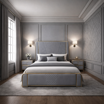 Bentley Solid Wood Gold Brushed Upholstered Leather 3 Piece Bedroom Suite Set