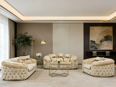 Beige Velvet 6 Seater Sofa Set