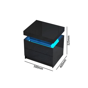 Black rectangular box with blue interior and dimensions on a white background