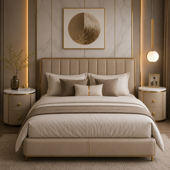 🟢 IN STOCK Crest Round Marble Top Bedside Table – Leather Nightstand with Gold Base