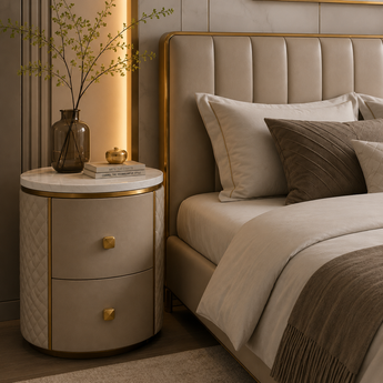 🟢 IN STOCK Round Marble Top Bedside Table – Leather Nightstand with Gold Base