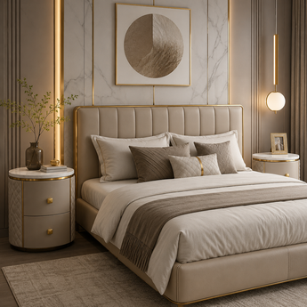 🟢 IN STOCK Round Marble Top Bedside Table – Leather Nightstand with Gold Base