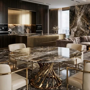Genova Modern Luxury Marble Top Gold Frame Round Dining Table with Lazy Susan