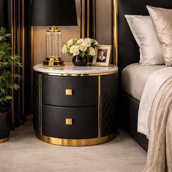 🟢 In Stock-Crest Round Stone Top Leather Upholstery Nightstand
