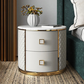 Crest Round Marble Top Leather Nightstand
