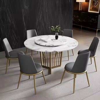Porto Modern Luxury Marble Top Gold Frame Round Dining Table with Lazy Susan