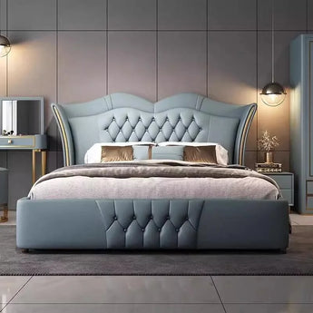 Dreamscape Solid Wood Upholstered Dove Blue Leather Luxury Bedframe