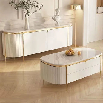 🟢 IN STOCK Modern Luxury Ophelia Sintered Snow Mountain Stone Top 2.2M TV Stand Cabinet Unit and 1.3M Coffee Table SET