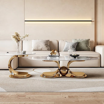 Aura Luxury Gold Solid Marble Stone Nesting Coffee Table Set