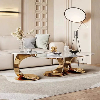 Aura Luxury Gold Solid Marble Stone Nesting Coffee Table Set