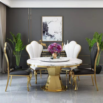 Vincenzo Modern Luxury Marble Top Gold Frame Round Dining Table with Lazy Susan