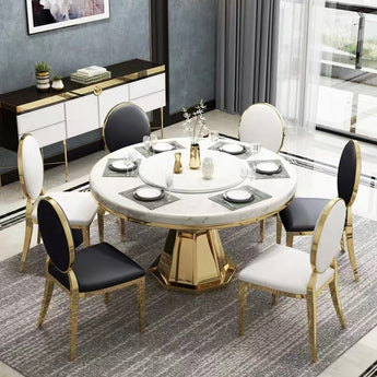 Vincenzo Modern Luxury Marble Top Gold Frame Round Dining Table with Lazy Susan