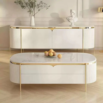 🟢 IN STOCK Modern Luxury Ophelia Sintered Snow Mountain Stone Top 2.2M TV Stand Cabinet Unit and 1.3M Coffee Table SET