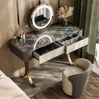 Extendable Madrid 3 Piece Marble Top Leather Upholstery Luxury Dressing Table Vanity Set