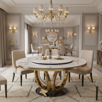 Omega Modern Luxury Marble Top Gold Frame Round Dining Table with Lazy Susan