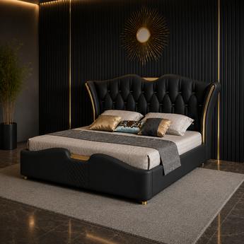 Modern Italian Luxury Black Majestic Leather Upholstered King Size Bedframe Gas Lifting