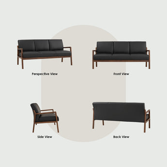 🟢IN STOCK SOFA SET Malaysian Solid Oak Wood 6-Seater Black Leather Upholstery