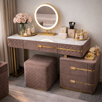 La Parisienne 4 Piece Marble Top COCO Velvet Suede Upholstery Vanity Dressing Table Set