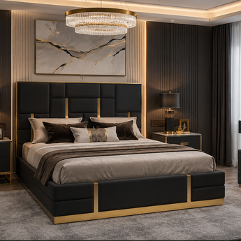 🟢 IN STOCK Luxury Symmetric Black Gold Queen Size Gas Lifting Bedframe