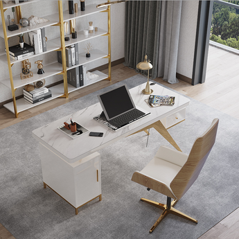 🟢 IN STOCK Wayne Modern Luxury Marble Top Solid Wood Executive Office Working Desk - White