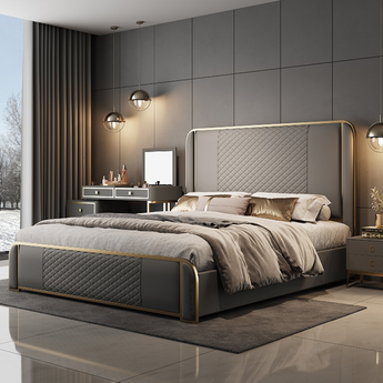Italian Modern Luxury TUDOR Solid Wood Leather Upholstered Bedframe