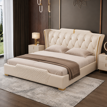 🟢 IN STOCK Sweet Night French Vanilla Leather Upholstered Bedframe | Solid Wood Luxury
