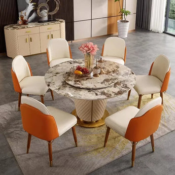 Signature Milan Round Marble Top Leather Luxury Dining Table with Lazy Susan