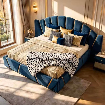 Cleopatra KING Bedroom SET Modern Italian Luxury Big Headboard Blue Velvet Upholstery with Side Tables