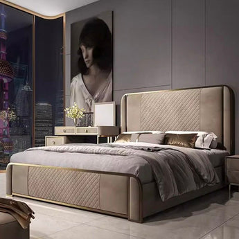 Italian Modern Luxury TUDOR Solid Wood Velvet Upholstered Bedframe