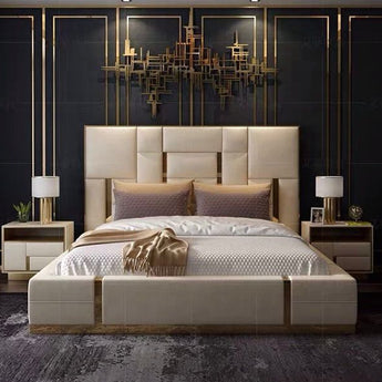 Signature Symmetric Solid Wood Gold Brushed Upholstered Leather Bedframe Gas Lifting