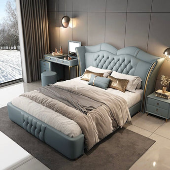 Dreamscape Solid Wood Upholstered Dove Blue Leather Luxury Bedframe