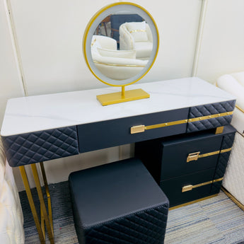 🟢 IN STOCK La Parisienne 4 Piece Marble Top Majestic Black Leather Upholstery Vanity Dressing Table Set