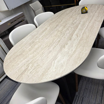 🟢 IN STOCK KAIA Black Solid Wood Travertine Sintered Stone Top Dining Table