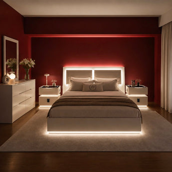 🟢 IN STOCK LED Moonstone Gas Lifting 4 Piece Bedroom Set Modern Luxury White High Gloss with 2 Smart Side Table and Dresser Mirror