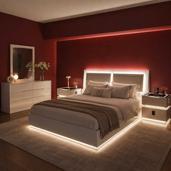 🟢 IN STOCK LED Moonstone Gas Lifting 4 Piece Bedroom Set Modern Luxury White High Gloss with 2 Smart Side Table and Dresser Mirror