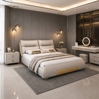 🟢 IN STOCK 4 Piece Bedroom Set Modern Italian Luxury ROMAN King Microfiber Leather with Paris Dressing Table and 2 Side Tables