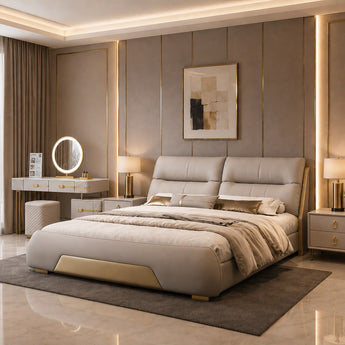🟢 IN STOCK 4 Piece Bedroom Set Modern Italian Luxury ROMAN QUEEN Microfiber Leather with Paris Dressing Table and 2 Side Tables