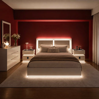 🟢 IN STOCK LED Moonstone Gas Lifting 4 Piece Bedroom Set Modern Luxury White High Gloss with 2 Smart Side Table and Dresser Mirror