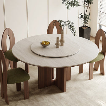 AIKO Solid Wood Travertine Sintered Top Round Dining Table with Lazy Susan