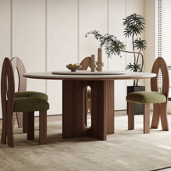 AIKO Solid Wood Travertine Sintered Top Round Dining Table with Lazy Susan